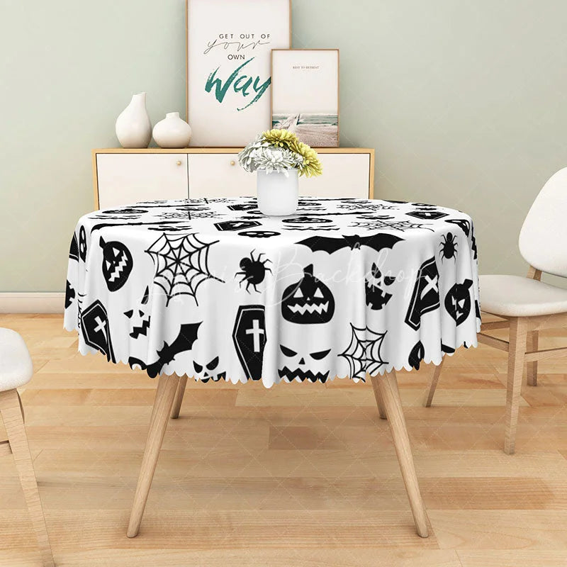Lofaris White Halloween Round Tablecloth with Bats Spiderwebs and Jack-o’-Lanterns for Spooky Decor