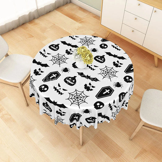 Lofaris White Halloween Round Tablecloth with Bats Spiderwebs and Jack-o’-Lanterns for Spooky Decor