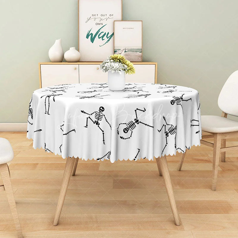 Lofaris White Halloween Round Tablecloth with Dancing Skeleton Print for Funny and Spooky Party Decorations