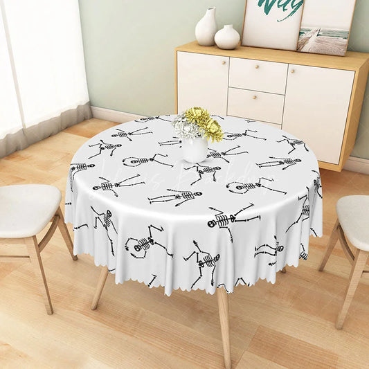 Lofaris White Halloween Round Tablecloth with Dancing Skeleton Print for Funny and Spooky Party Decorations