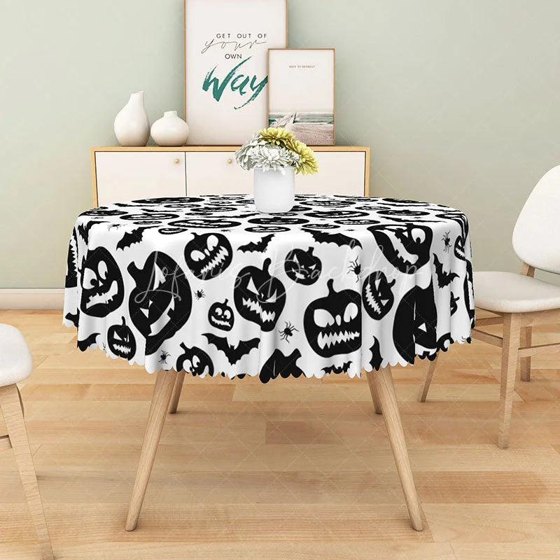 Lofaris White Halloween Round Tablecloth with Jack-o’-Lanterns Bats and Spiders for Spooky Party Decor