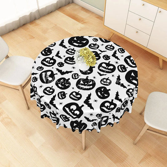 Lofaris White Halloween Round Tablecloth with Jack-o’-Lanterns Bats and Spiders for Spooky Party Decor