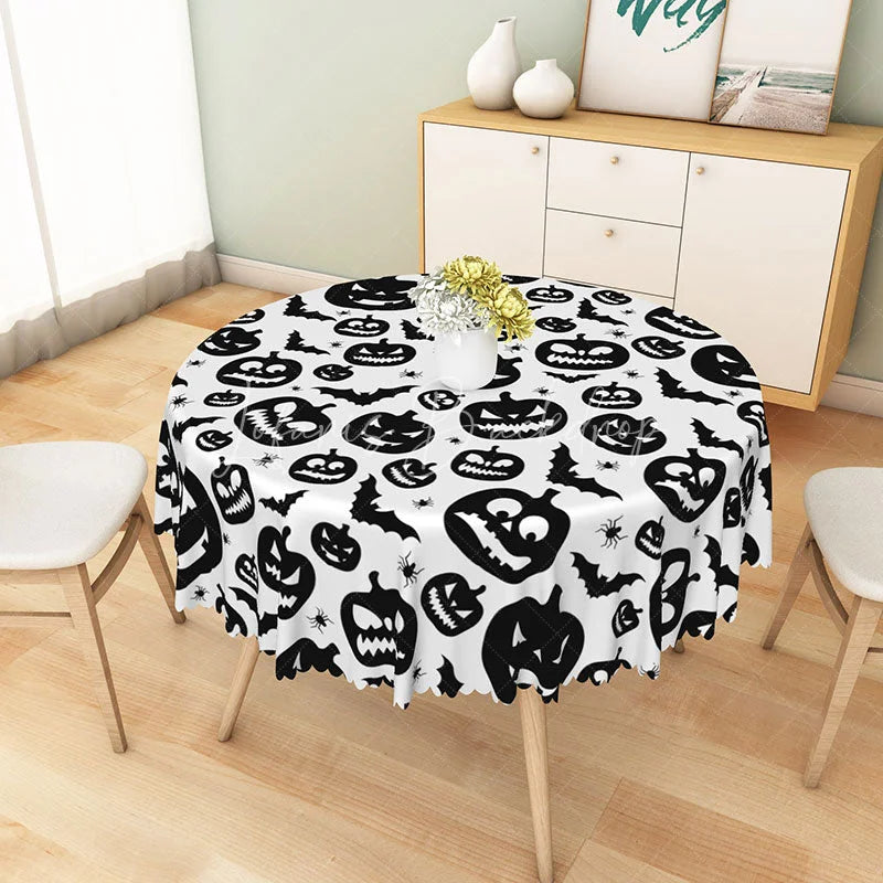Lofaris White Halloween Round Tablecloth with Jack-o’-Lanterns Bats and Spiders for Spooky Party Decor