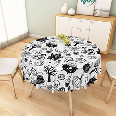 Lofaris White Halloween Round Tablecloth with Jack-o’-Lanterns Skeletons and Spiders for Spooky Decor