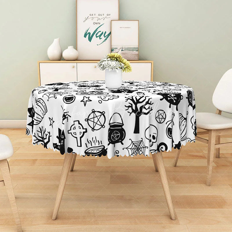 Lofaris White Halloween Round Tablecloth with Jack-o’-Lanterns Skeletons and Spiders for Spooky Decor