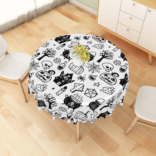 Lofaris White Halloween Round Tablecloth with Jack-o’-Lanterns Skeletons and Spiders for Spooky Decor