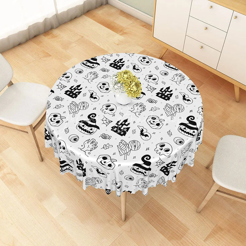 Lofaris White Halloween Round Tablecloth with Jack-o’-Lanterns Skulls and Haunted Castle for Spooky Decor