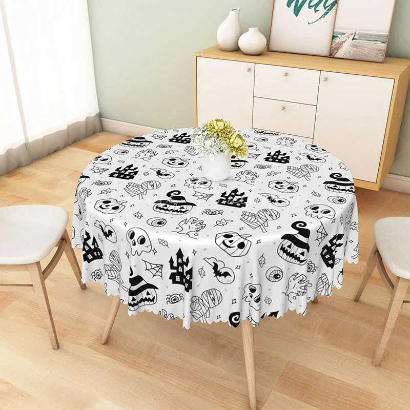 Lofaris White Halloween Round Tablecloth with Jack-o’-Lanterns Skulls and Haunted Castle for Spooky Decor