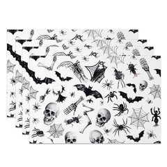 Lofaris White Halloween Set of 4 Placemats with Bats Spiders and Skeletons for Modern Spooky Decor