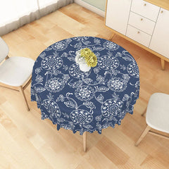 Lofaris White Mandala Floral Pattern Navy Blue Round Tablecloth Elegant Bohemian Dining Decor