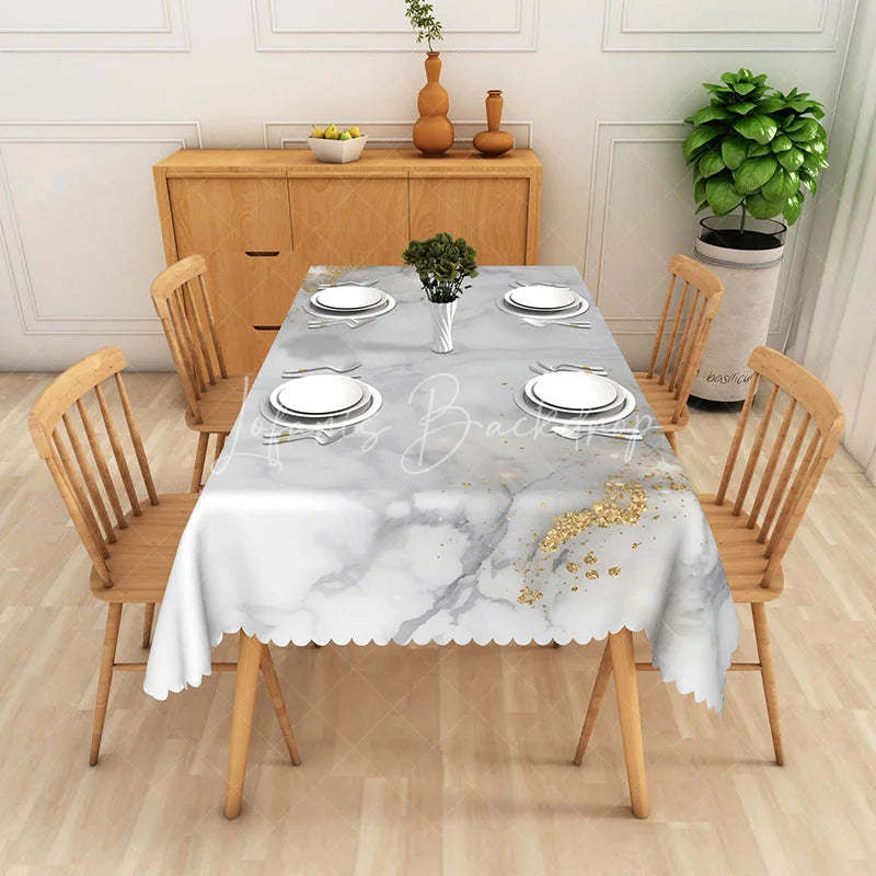 Lofaris White Marble and Gold Glitter Rectangle Tablecloth Elegant Stone Texture Table Cover Wedding Decor