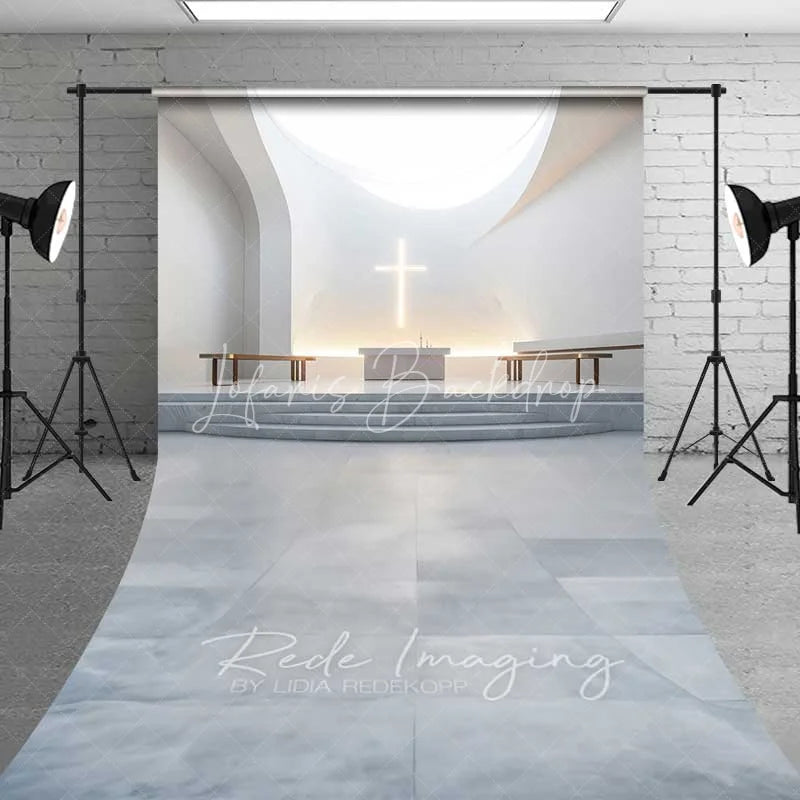Lofaris White Modern Church Sweep Backdrop Glowing Cross Altar Elegant Wedding Ceremony Photography Serene Minimalist