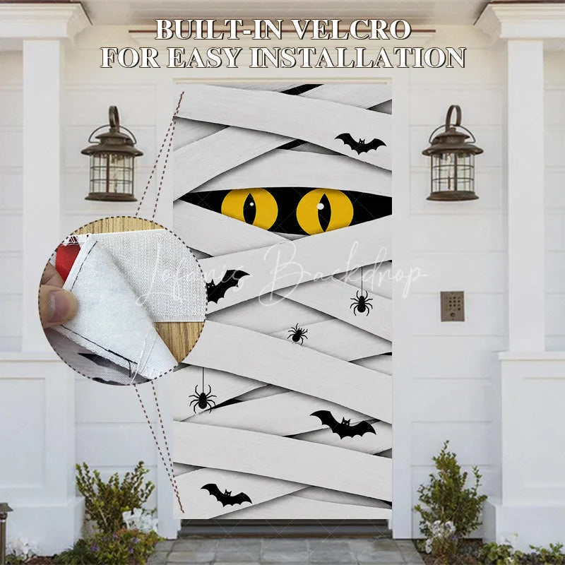 Lofaris White Mummy Eyes and Bats Halloween Door Cover Spooky Spider Party Decoration for Festive Celebrations
