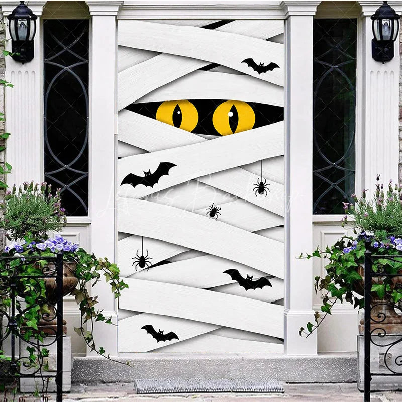 Lofaris White Mummy Eyes and Bats Halloween Door Cover Spooky Spider Party Decoration for Festive Celebrations