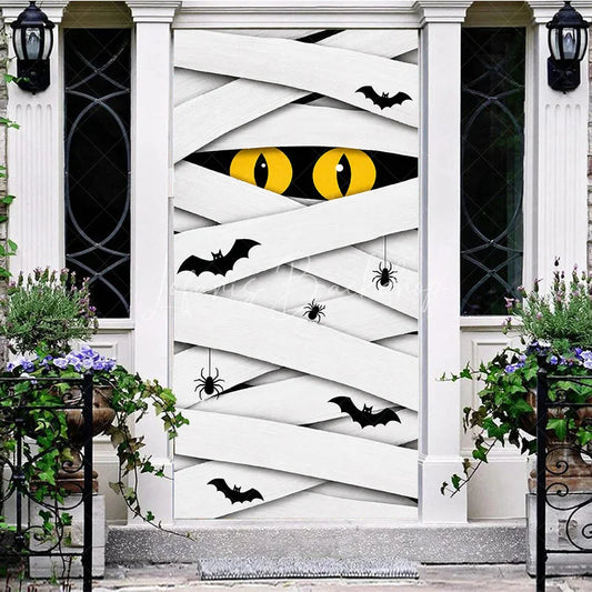 Lofaris White Mummy Eyes and Bats Halloween Door Cover Spooky Spider Party Decoration for Festive Celebrations