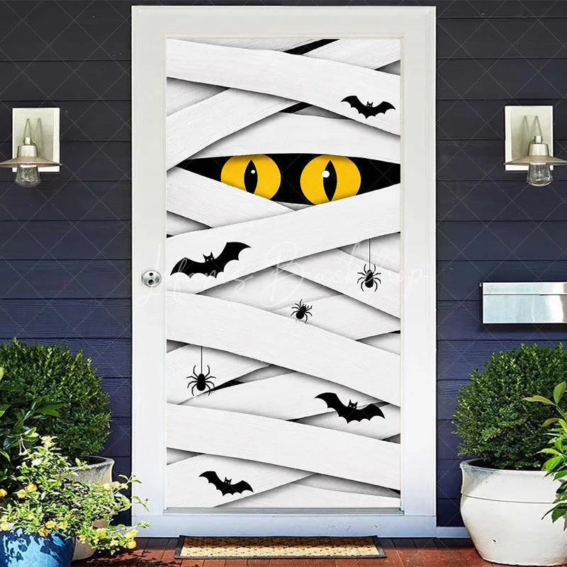 Lofaris White Mummy Eyes and Bats Halloween Door Cover Spooky Spider Party Decoration for Festive Celebrations