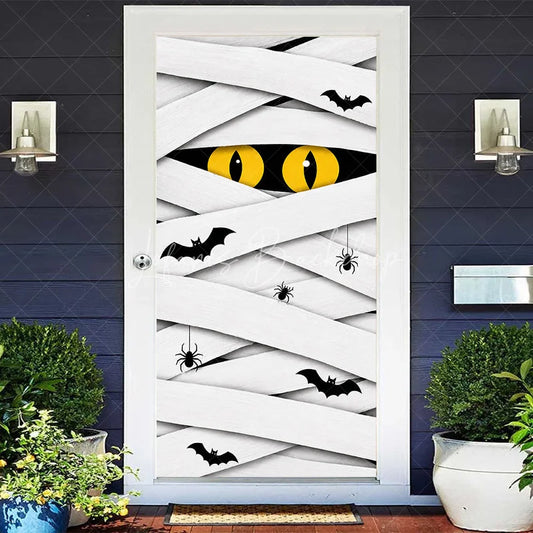 Lofaris White Mummy Eyes and Bats Halloween Door Cover Spooky Spider Party Decoration for Festive Celebrations