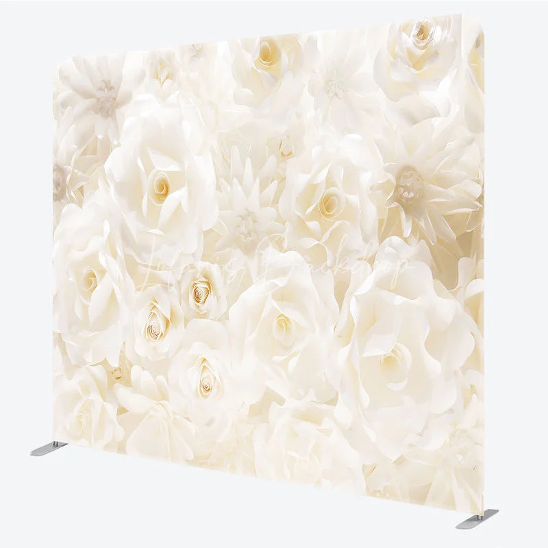 Lofaris White Paper Flower Tension Fabric Backdrop 3D Floral Wedding Decoration Elegant Rose Background