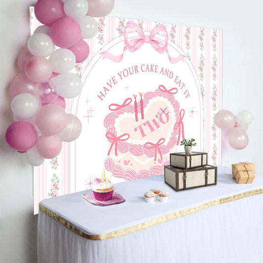 Lofaris White Pink Floral Bow Tie Cake 2nd Birthday Backdrop