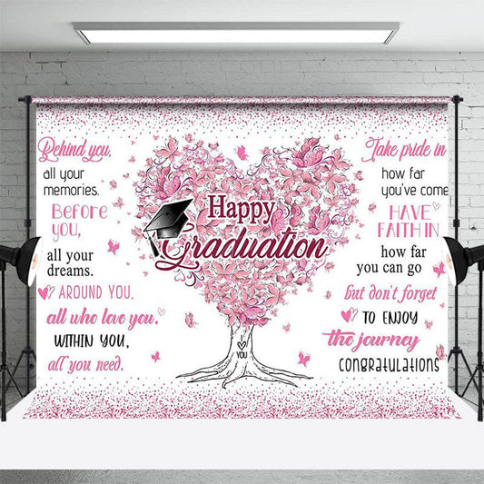 Lofaris White Pink Heart Floral Tree Happy Graduation Backdrop
