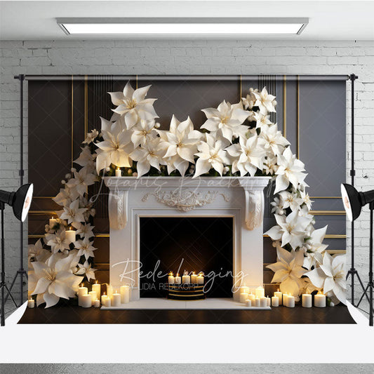 Lofaris White Poinsettia Christmas Photography Backdrop Elegant Fireplace with Candles Classic Holiday Studio Photo Prop