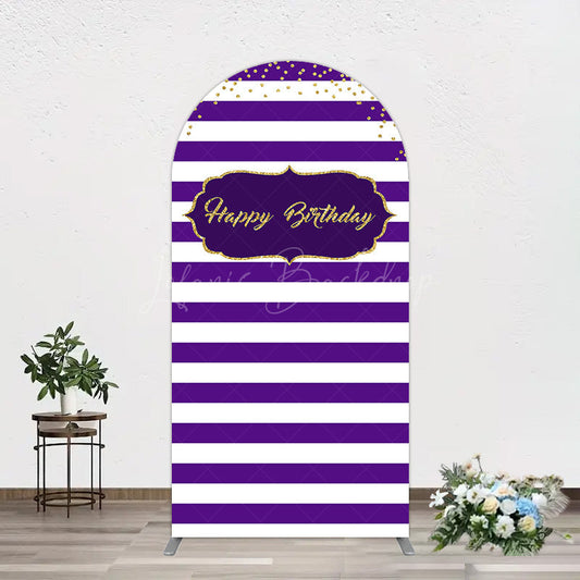 Lofaris White Purple Stripe Gold Glitter Birthday Arch Backdrop