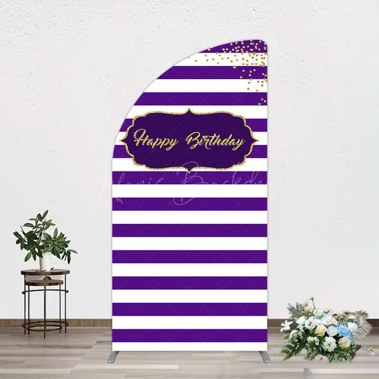 Lofaris White Purple Stripe Gold Glitter Birthday Half Moon Arch Backdrop