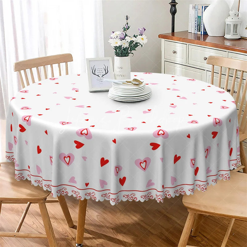 Lofaris White Red Heart Pattern Round Tablecloth Simple Scattered Love Table Cover for Valentine