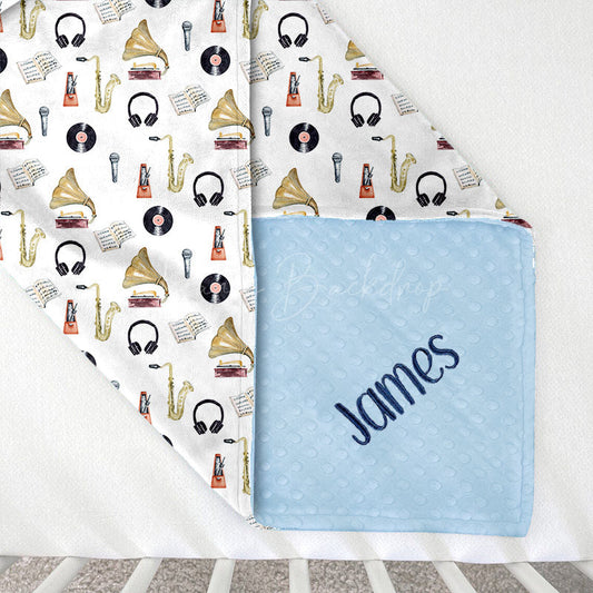 Lofaris White Repeat Musical Record Player Minky Baby Blanket