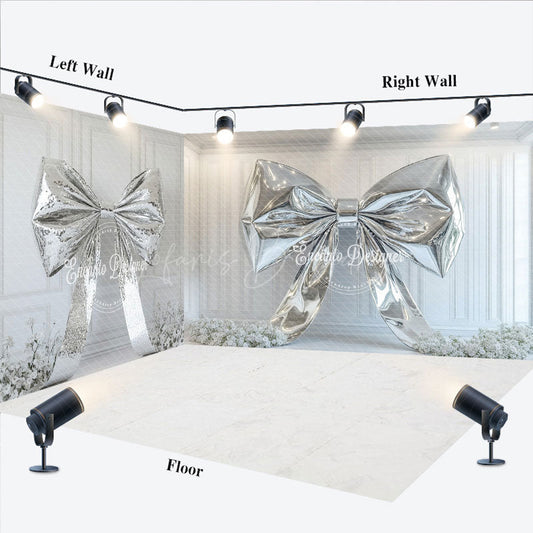 Lofaris White Retro Wall Silver Bow Floral Room Set Backdrop