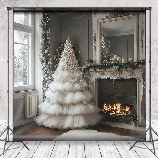 Lofaris White Ruffle Christmas Tree Backdrop Elegant Fireplace Photography Background Luxury Interior Holiday Party Decoration