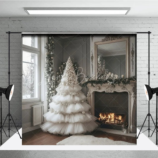 Lofaris White Ruffle Christmas Tree Backdrop Elegant Fireplace Photography Background Luxury Interior Holiday Party Decoration