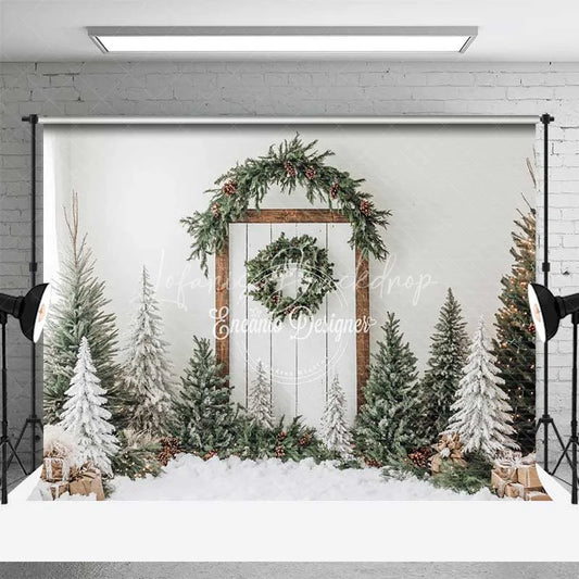 Lofaris White Shiplap Farmhouse Christmas Backdrop Simple Wreath Tree Photography Background