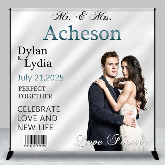 Lofaris White Silk Barcode Custom Name Photo Wedding Backdrop