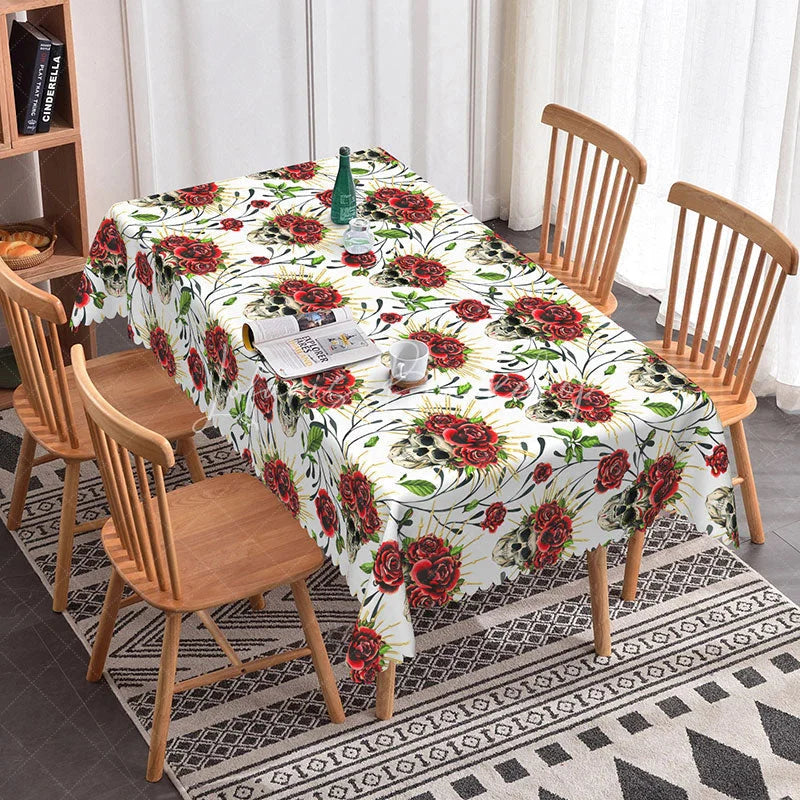 Lofaris White Skull and Red Rose Rectangle Tablecloth Tattoo Style Floral Skeleton Edgy Valentine Dining Decor