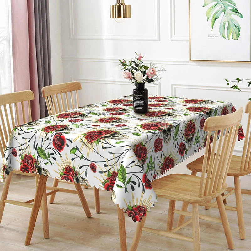 Lofaris White Skull and Red Rose Rectangle Tablecloth Tattoo Style Floral Skeleton Edgy Valentine Dining Decor