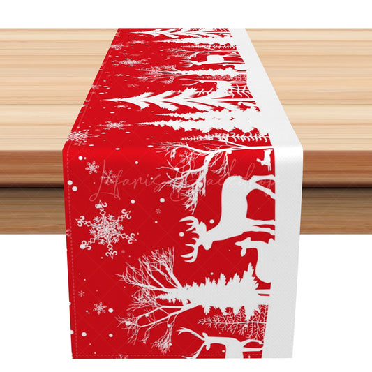 Lofaris White Snow Pine Forest Red Christmas Table Runner
