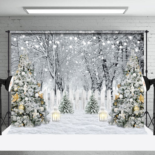Lofaris White Snowy Forest Scene Fence Xmas Trees Backdrop
