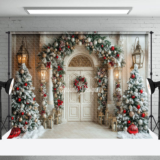 Lofaris White Snowy Luxury Door Christmas Trees Backdrop