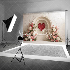 Lofaris White Textured Arch with Red Heart and Pink Floral Photography Backdrop Elegant Romantic Decor