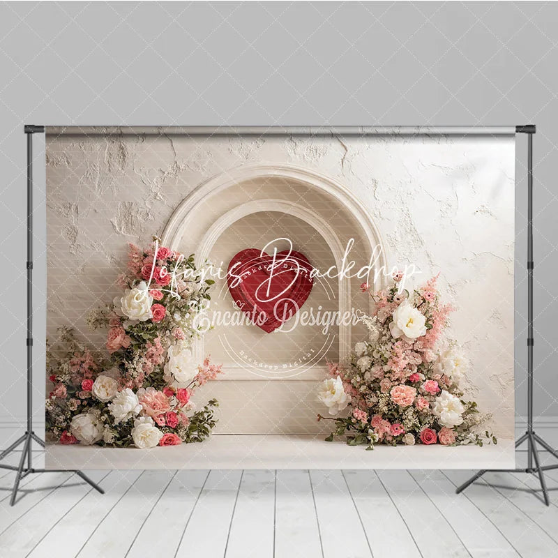 Lofaris White Textured Arch with Red Heart and Pink Floral Photography Backdrop Elegant Romantic Decor