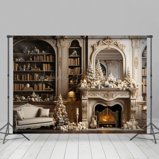 Lofaris White Vintage Bookshelf Fireplace Christmas Backdrop