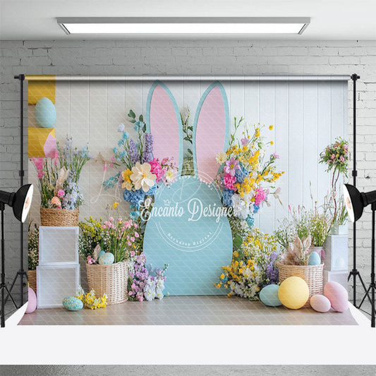 Lofaris White Wall Color Floral Bunny Eggs Easter Backdrop