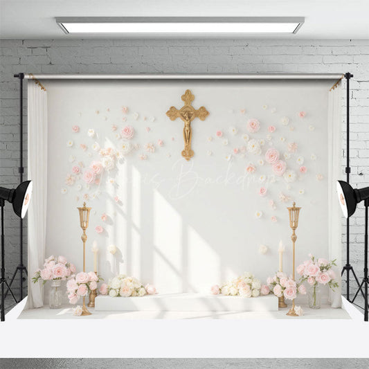 Lofaris White Wall Gold Cross Floral First Communion Backdrop