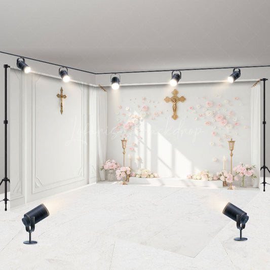 Lofaris White Wall Gold Cross Floral Wedding Room Set Backdrop