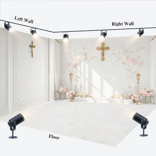 Lofaris White Wall Gold Cross Floral Wedding Room Set Backdrop