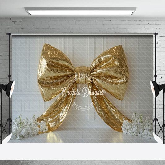 Lofaris White Wall Gold Glitter Bow Floral Wedding Backdrop