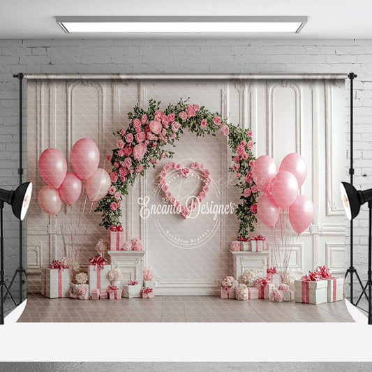 Lofaris White Wall Pink Arch Floral Balloons Gifts Backdrop