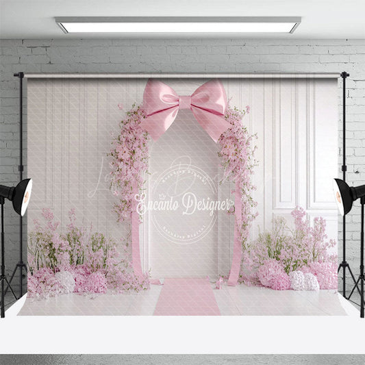 Lofaris White Wall Romantic Pink Bow Floral Wedding Backdrop