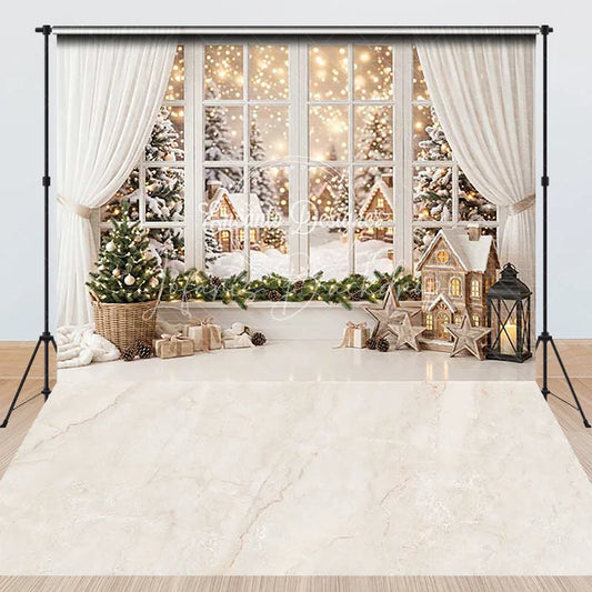 Lofaris White Window Snowy Christmas Tree Gifts Garland Combo Set Backdrop Winter Holiday Party Decor
